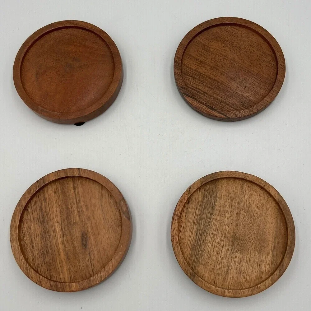 Wood Coasters Unisex OS Brown Very Good Round Recessed Set of 4